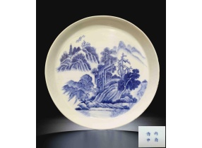 DẦM SỨ KÝ KIỂU XANH TRẮNG VẼ SƠN THỦY - HIỆU  ĐỀ NỘI PHỦ THỊ TRUNG (內 府 侍 中)