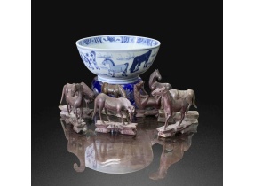 Thanh khang hy  thanh hoa thi văn bát tuấn đồ đại oản清康熙 青花诗文八骏图大碗 