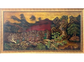 Tranh sơn mài đội gạo lên chùa(BST-Phòng Tranh Gia Đình)